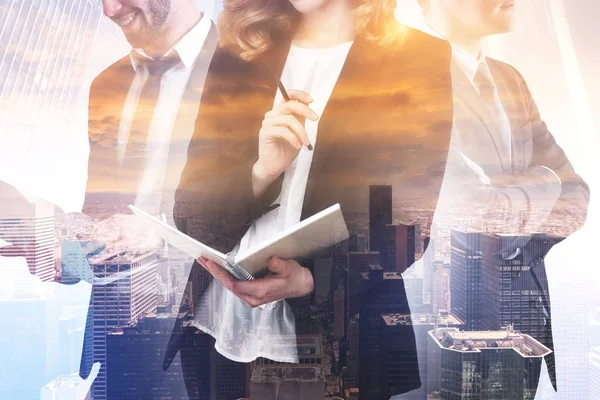 Unrecognizable Diverse Business Team Members Standing Together Gadgets Business Planners — Stock Photo, Image