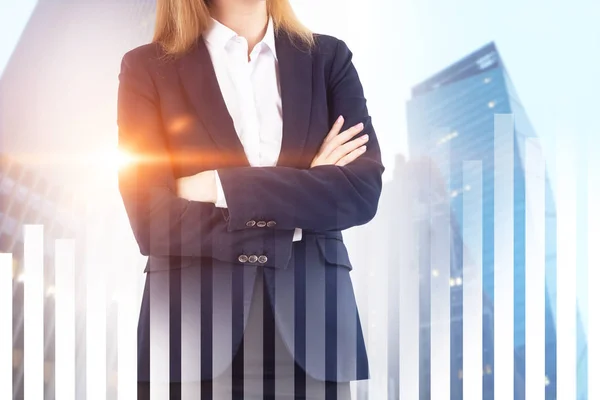 Confident Businesswoman Suit Standing Cityscape Background Graphs Immersive Interface Foreground — Stock Photo, Image