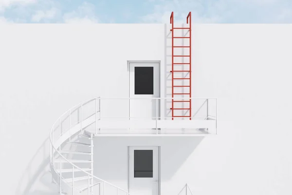 Wall of white house with white spiral fire escape stairs. Mock up wall. Red ladder leading to the roof. Concept of having an escape route and strategy in business and life. 3d rendering