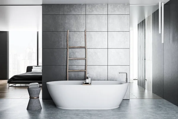 Interior Luxury Bathroom Gray Tile Walls Concrete Floor White Bathtub — Stock Photo, Image