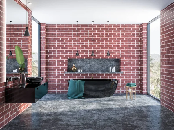 Interior Del Baño Ladrillo Con Suelo Hormigón Bañera Negra Lavabo — Foto de Stock