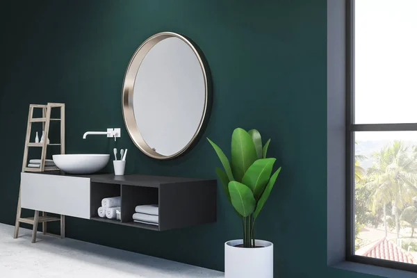 White Sink Standing Black White Vanity Unit Mirror Emerald Bathroom — Stock Photo, Image