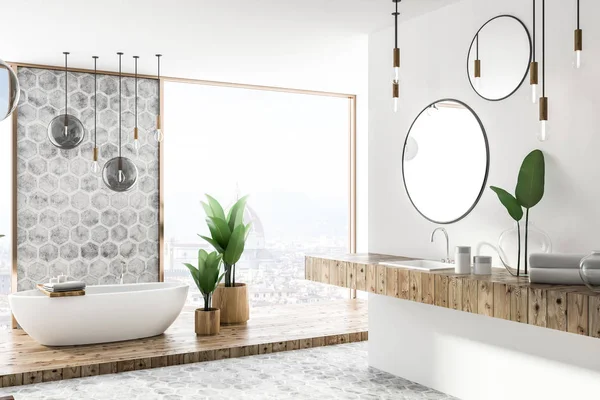 豪华浴室内有白色和蜂窝图案的墙壁和地板 全景窗口 浴缸和双水槽 上面挂着圆形镜子 渲染复制空间 — 图库照片