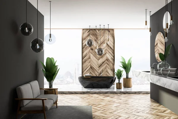 豪华浴室内有灰色和木质墙壁 木地板 全景窗口 黑色浴缸和双水槽 上面挂着圆形镜子 渲染复制空间 — 图库照片