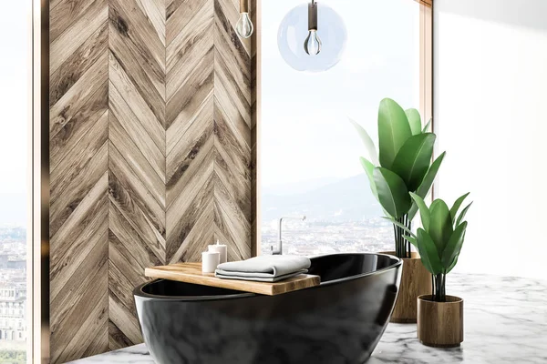 Luxus Fürdőszoba Tartozik Fából Készült Falak Fehér Márvány Padló Cserepes — Stock Fotó