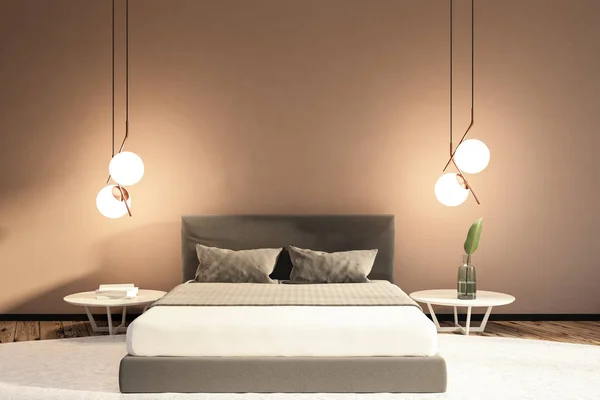 Minimalistic bedroom interior with beige walls, a wooden floor and a king size bed with two bedside tables and stylish lamps. White carpet 3d rendering copy space