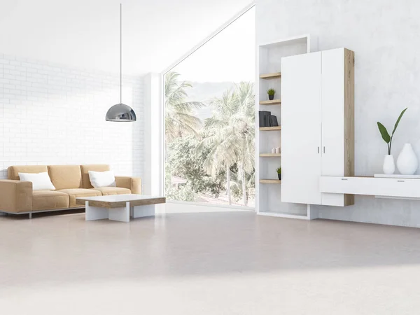 Sala Estar Sótão Branco Interior Com Janela Vista Tropical Sofá — Fotografia de Stock
