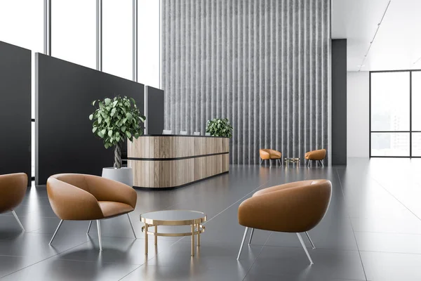 Office reception area with long wooden reception table, gray and black walls, panoramic windows and leather armchairs near neat round coffee tables. 3d rendering