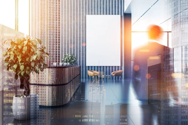 Zakenman Office Receptiegedeelte Met Grijs Marmeren Muren Panoramische Ramen Lederen — Stockfoto