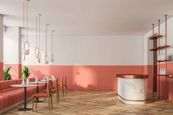 Loft Rosa Bianco Retrò Caffè Interno Con Pavimento Legno Tavolini — Foto Stock