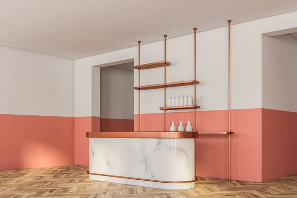 Pink and white loft retro bar interior with wooden floor, white marble bar and shelves for bottles. 3d rendering copy space