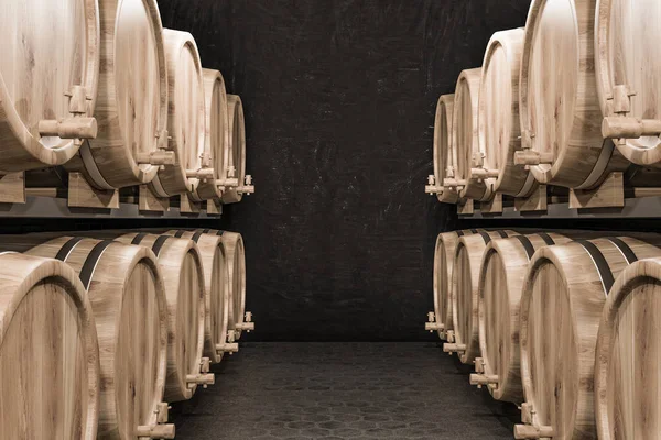 Black Brick Wine Cellar Honeycomb Floor Pattern Rows Wooden Kegs — Stock Photo, Image