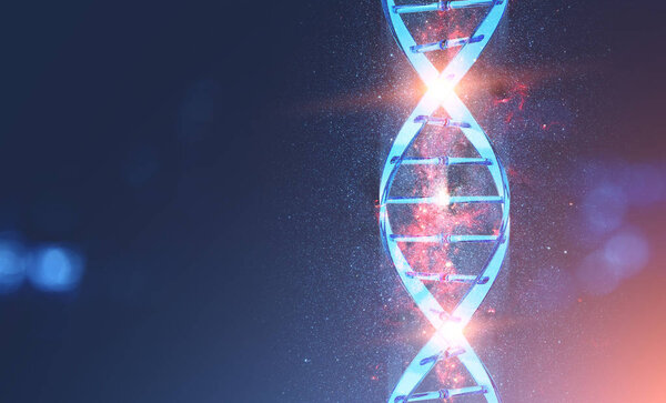 Glowing blue dna helix with tiny galaxy around it over dark blue background. Concept of science and medicine future. 3d rendering toned image double exposure mock up