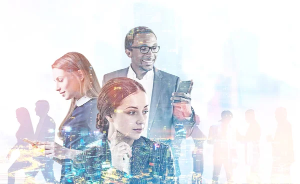 Diverse Business Team Managers Gadgets Blurred Cityscape Graphs Immersive Interface — Stock Photo, Image