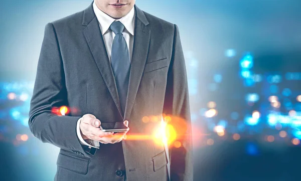 Unrecognizable Young Businessman Looking His Smartphone Screen Standing Night Cityscape — Stock Photo, Image