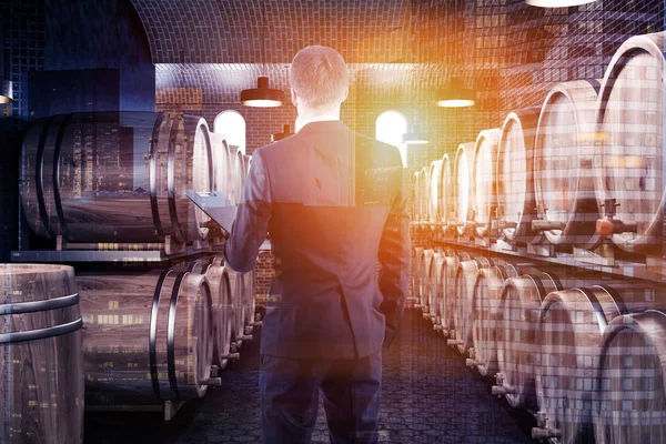 Rear View Young Businessman Wine Cellar Interior Brick Black Walls — Stock Photo, Image