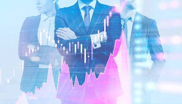 Successful company leaders standing together over night cityscape background. Purple forex graphs and diagrams immersive interface double exposure. Toned image