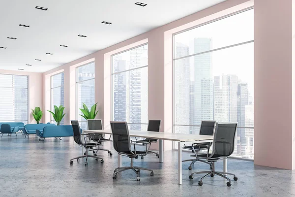Elegante Sala Conferências Interior Com Paredes Rosa Mesa Madeira Cadeiras — Fotografia de Stock
