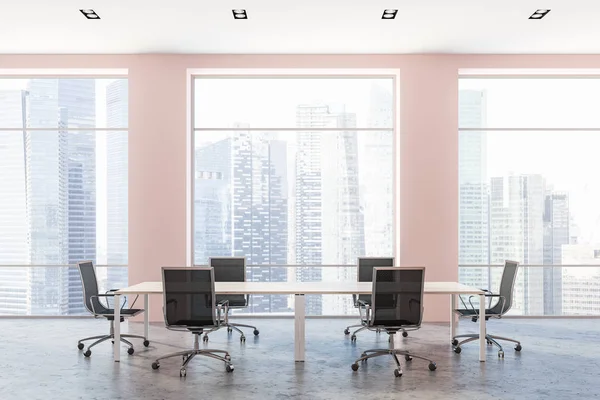 Stijlvolle Conferentie Kamer Interieur Met Roze Muren Houten Tafel Met — Stockfoto