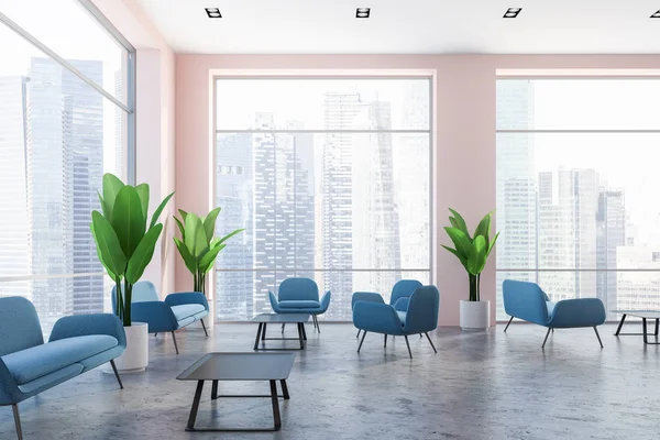 Interior of office lounge with concrete floor, blue couches, neat coffee table and large potted plants near panoramic cityscape windows. 3d rendering