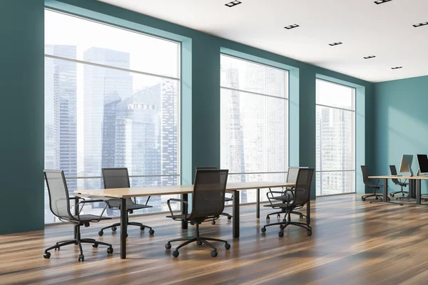 Elegante Sala Conferências Interior Com Paredes Verdes Mesa Madeira Cadeiras — Fotografia de Stock