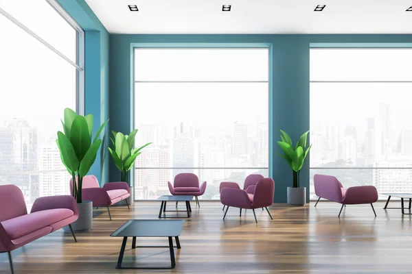 Office Lounge Area Blue Green Walls Dark Wooden Floor Big — Stock Photo, Image