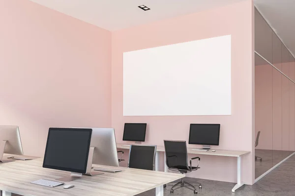 Interior Open Plan Office Pink Walls Concrete Floor Rows Wooden — Stock Photo, Image