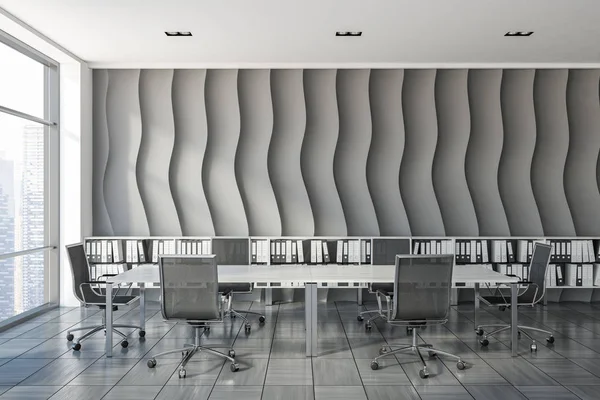 Boardroom Interior Wave Pattern Wall Wooden Tiles Floor Long Table — Stock Photo, Image