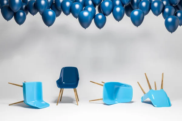 Blue chairs lying on white room floor. Dark blue chair standing. Many balloons near the ceiling. Concept of being unique and strong in life and business. 3d rendering copy space