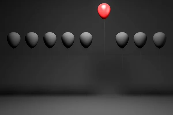 Row of black balloons with a pink balloon flying above them. Concept of choice and being unique. 3d rendering copy space