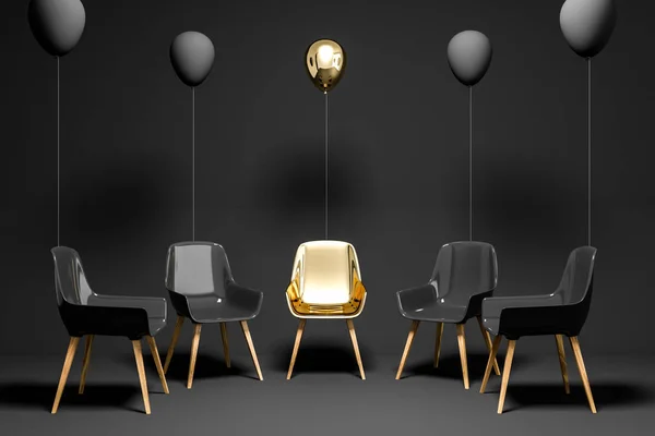 Circle of black chairs with a gold chair and balloon in the center. Concept of brainstorming and group therapy. 3d rendering