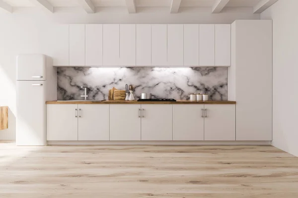 白い大理石の壁 白いカウンターと冷蔵庫ホワイト スタジオ フラット キッチン インテリア レンダリング コピー スペース — ストック写真