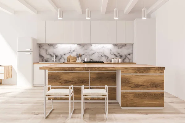 White studio flat kitchen interior with white marble wall, white countertops and fridge, a bar with chairs. 3d rendering copy space