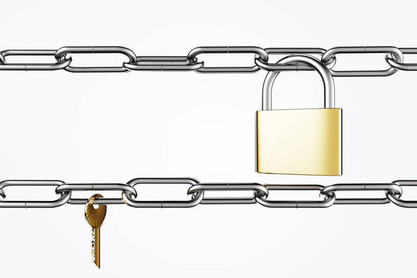 Yellow and steel padlock and key hanging on steel horizontal chains over white background. Concept of security and identity theft. 3d rendering copy space