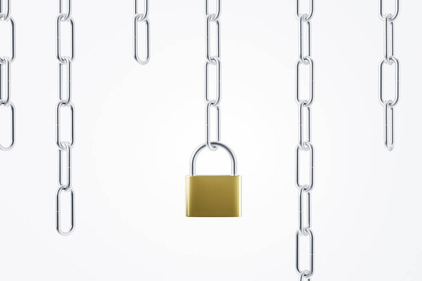 Closed yellow and steel padlock hanging on steel chain among chains with different length. White wall background. Concept of security and safety. 3d rendering copy space