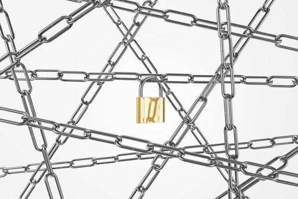 Steel chains situated in different directions over white background. Bright yellow padlock hanging on one. Concept of security, slavery and interconnection of things. 3d rendering