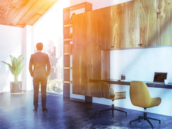 Rear View Young Buisnessman Suit Looking His Home Office Window — Stock Photo, Image