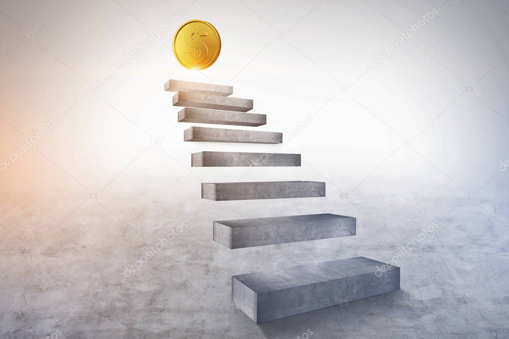 Concrete stairs going up with a shining dollar coin on the top. Concept of financial success and business goals. 3d rendering copy space