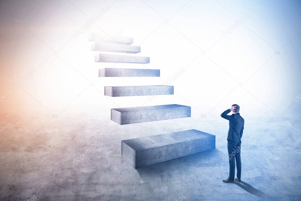 Young businessman scratching his head looking at giant career ladder. Business lifestyle and leadership concept. Toned image copy space