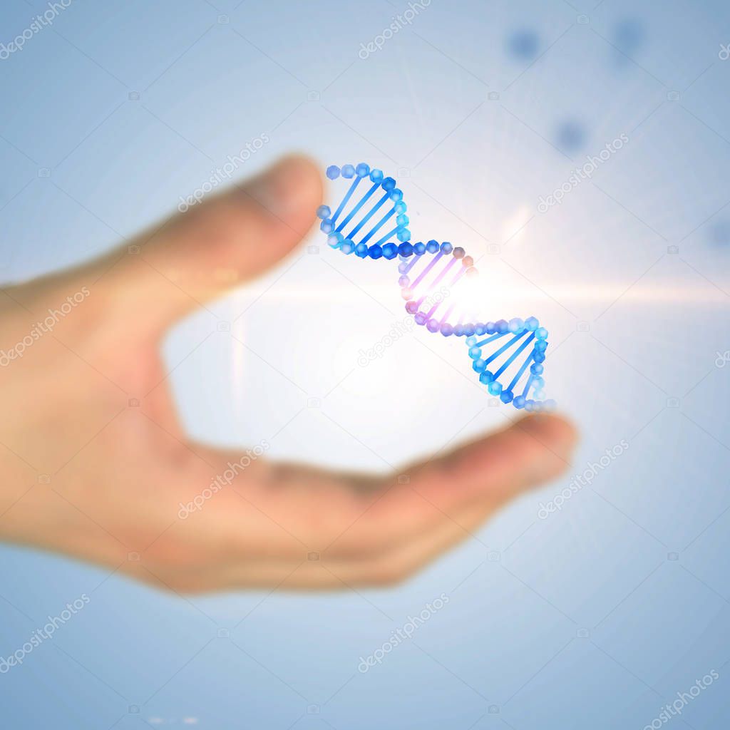 Hand of man holding glowing blue dna helix over blurred blue background. Concept of medicine, science and breakthrough. Toned image double exposure