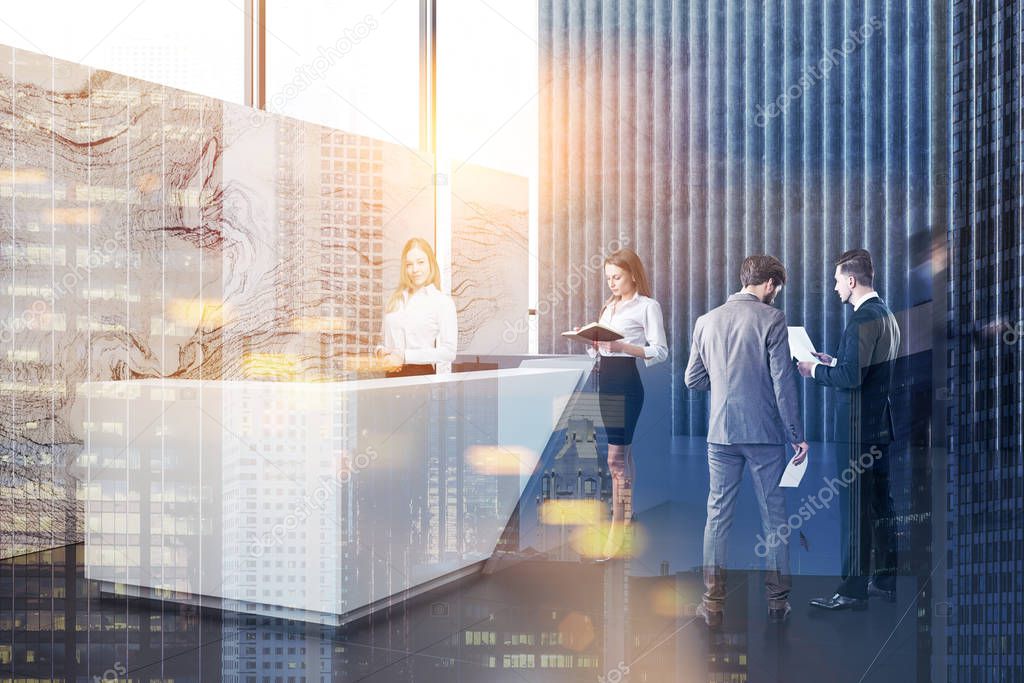 Businessmen and businesswoman near office reception area with long white and gray reception table, gray and marble walls, panoramic windows and concrete floor. Toned image double exposure