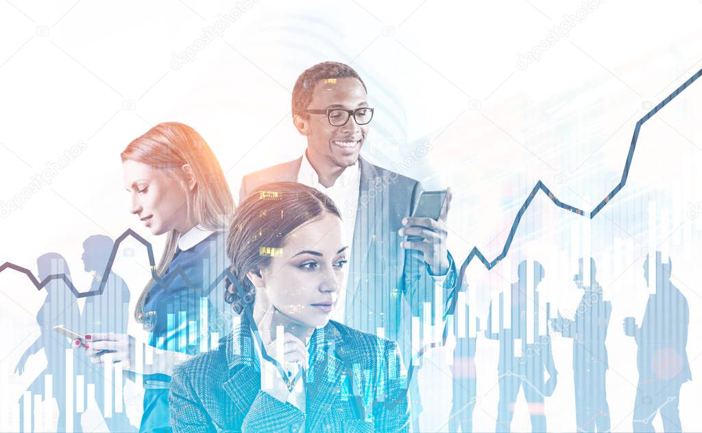 Successful diverse business team managers with gadgets over blurred cityscape. Graphs and immersive interface foreground. Hi tech and fintech concept. Toned image double exposure mock up