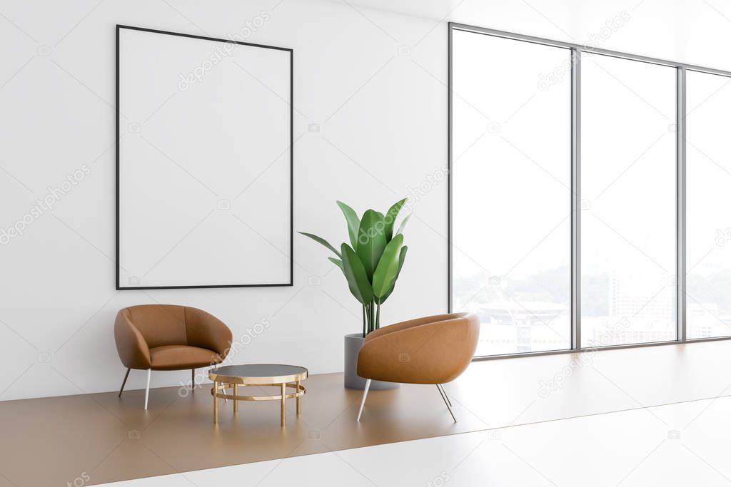 Living room interior with a brown floor and two brown armchairs standing near a round coffee table next to a panoramic window. 3d rendering Vertical mock up poster frame