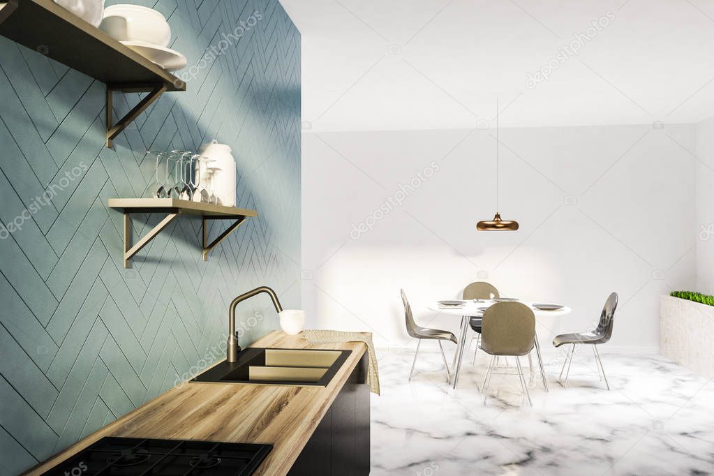 Gray and white kitchen interior with white marble floor, black and wooden countertops, white round table with chairs and flowerbeds near the wall. Shelves on the wall. 3d rendering
