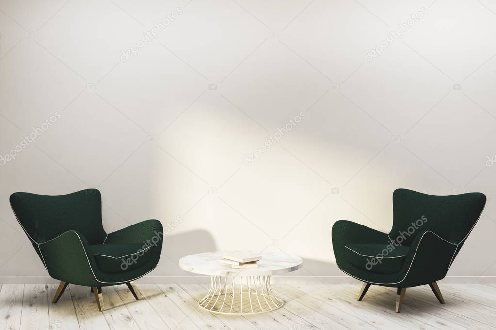 Interior of minimalistic living room with white walls, wooden floor with dark green armchairs and coffee table standing on it. 3d rendering copy space