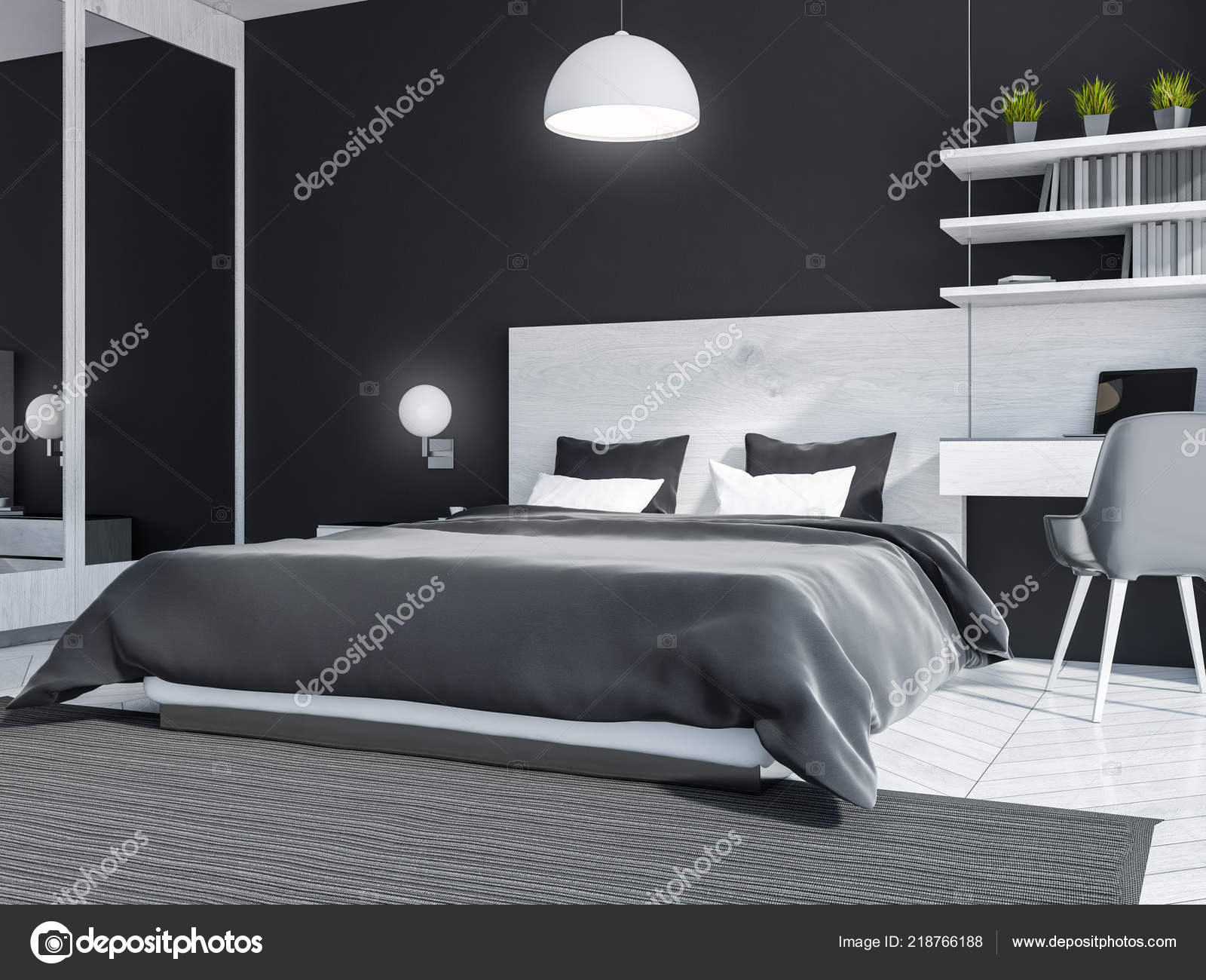 Corner Stylish Bedroom Black Walls Wooden Floor Gray Master