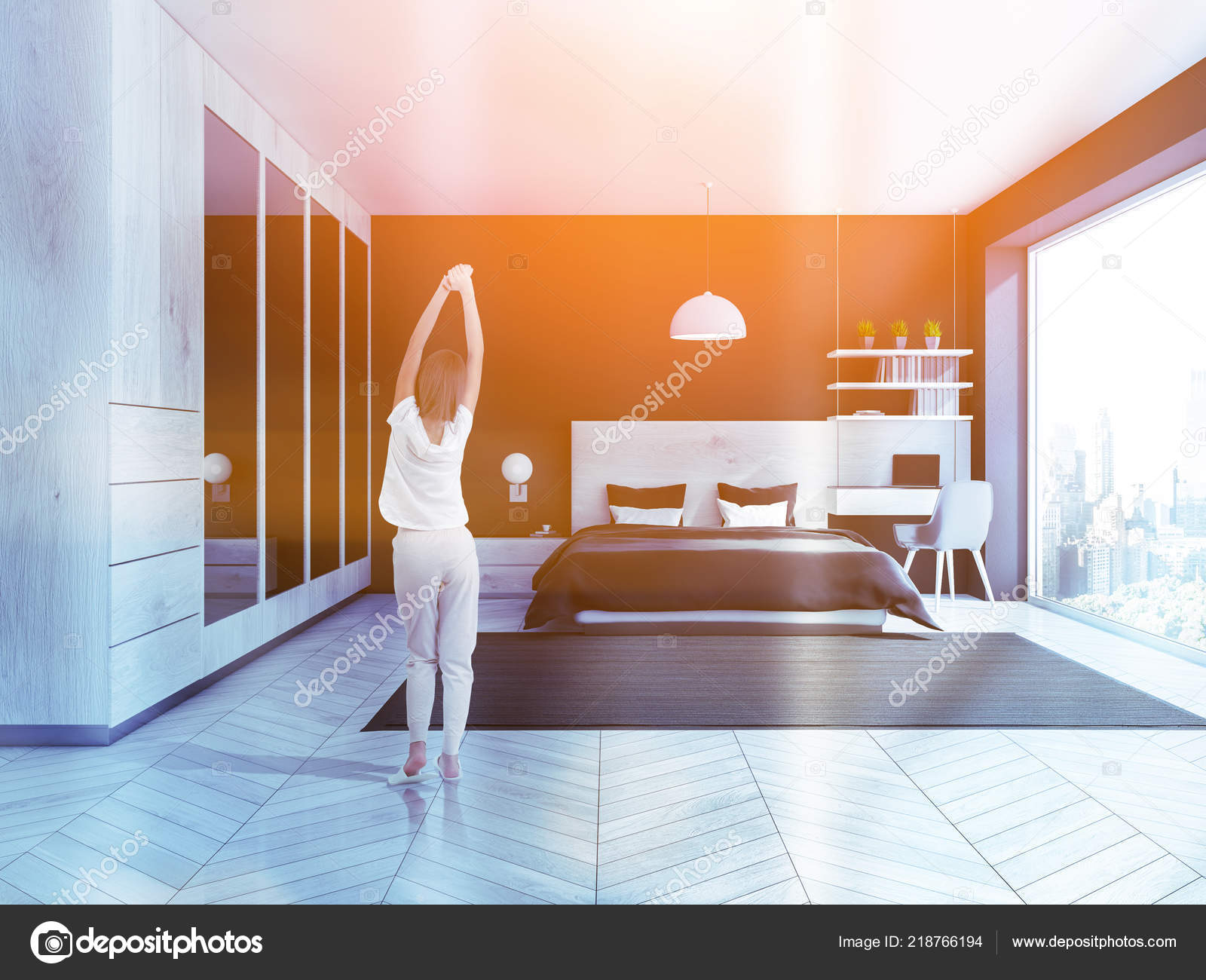 Woman Pajamas Interior Stylish Bedroom Black Walls Wooden