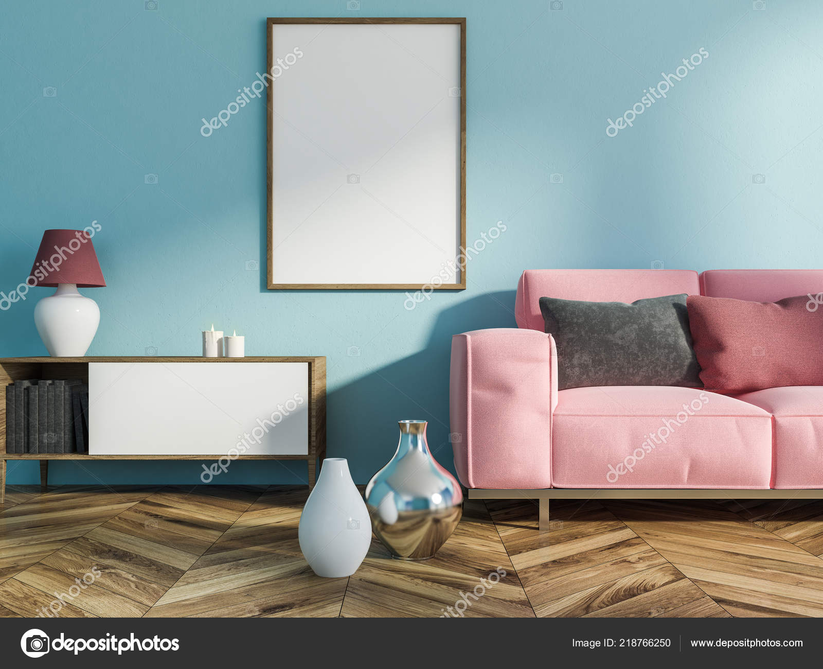 Light Blue Walls Wood Floors Interior Living Room Light Blue Walls Wooden Floor Vases Cabinet Stock Photo C Denisismagilov 218766250