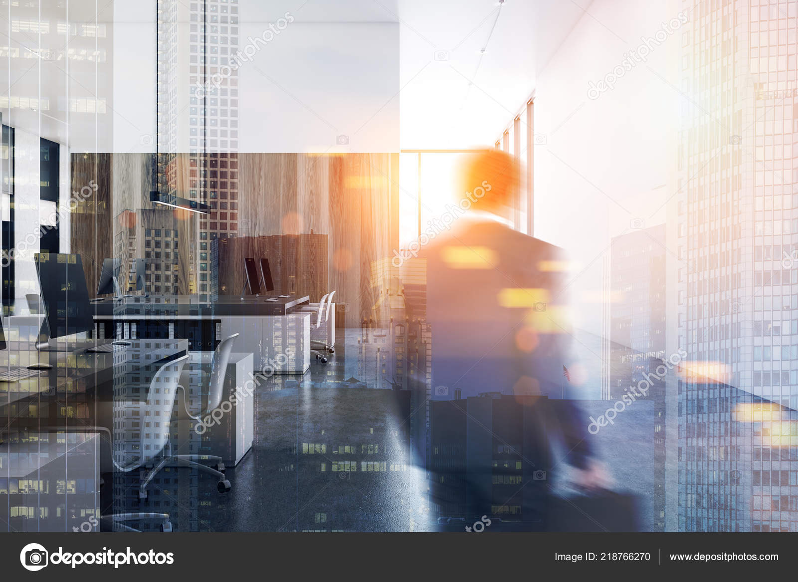 Businessman Walking Modern Company Office White Wooden Walls White