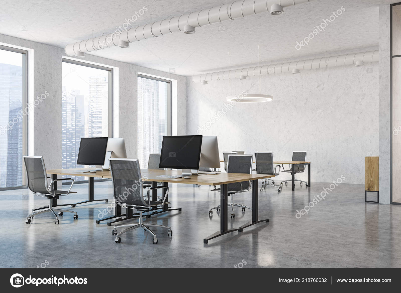 Industrial Style Office Interior Concrete Walls Floor Pipes